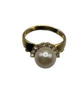 VTG Faux Pearl Bling Rhinestone Brooch Gold Tone Large Ring Shaped Signed AJC - £9.43 GBP