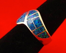 Vintage Blue Fire Opal Inlay Sterling Silver Ring, SZ 7  - £51.95 GBP