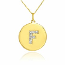 Solid 10k Yellow Gold Letter &quot;F&quot; Initial Diamond Disc Charm Pendant Necklace - £191.71 GBP+