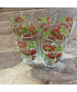 Set Of 5 Vintage Red Wildflowers Glass Tumblers Glasses 5.25” T 2.75” D MCM - $31.97 CAD
