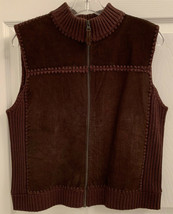 St Johns Bay Size M Brown Zip Up Leather Front Vest Ramie/Acrylic Back W... - $22.99