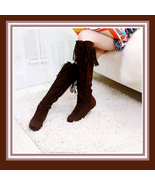 Tassel Fringe Suede Brown Faux Leather Lace Up Knee High Moccasin Trail ... - £58.30 GBP