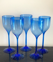 Josh Simpson 5 Signed 1980 Blue Studio Art Glass Stem Wine Glasses - £310.83 GBP