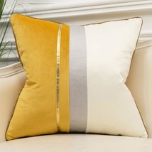 Avigers 18 X 18 Inches Yellow White Gold Leather Striped Patchwork Velvet - £27.02 GBP