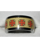 Stainless Steel Silver &amp; Yellow with Red Maltese Cross Ring Size 8 - £3.12 GBP