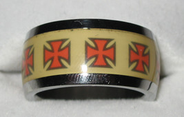 Stainless Steel Silver &amp; Yellow with Red Maltese Cross Ring Size 9 - £3.15 GBP