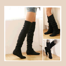Tall Black Faux Leather Suede Over the Knee Boot Low Heel & DiVA Turn Down Top   image 1