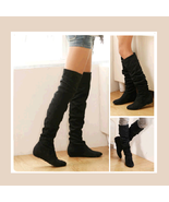 Tall Black Faux Leather Suede Over the Knee Boot Low Heel &amp; DiVA Turn Do... - £49.79 GBP