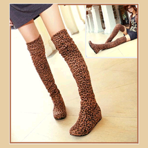 Tall Leopard Print Faux Suede Over the Knee Boot Low Heel DiVA Turn Down Top  