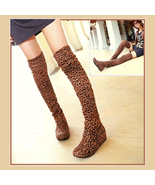 Tall Leopard Print Faux Suede Over the Knee Boot Low Heel DiVA Turn Down... - £50.30 GBP