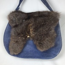 Vintage Women&#39;s Genuine Rabbit Fur Blue Leather Shoulder Bag Purse 80s - $23.00