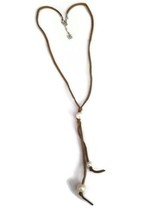 Signed D White Faux Pearl Dangle Long Tan Strap Necklace - £16.10 GBP