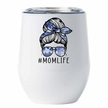 Navy Mom Life Tumbler 12oz Messy Bun Hair Cool Women Sunglasses Bandana Cup Gift - $22.72