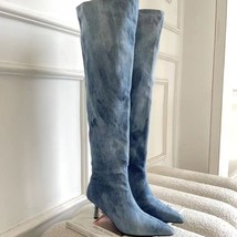 Blue Denim Knee High Cowboy Boots for Women Autumn Pleated High Heels Long Boots - £42.72 GBP