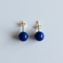 Women&#39;s Italian Stud Earrings 14k Yellow Gold Natural Round Lapis Lazuli 8.15 mm - £79.07 GBP