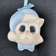 Ceramic Puppy Dog Face Blue Santa Hat &amp; Bow Tie Ornament VTG Big Eyes - $112.14 MXN