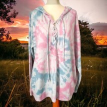 Kori America Tie Dye Hoodie Waffle Knit Pullover L Womens Oversize Relaxed Pink  - £15.77 GBP