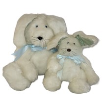 Handmade Plush Stuffed Lot 2 Bunny Rabbits White Green Blue Bow Dad Son Brothers - $20.61