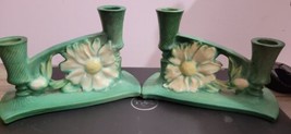 2 Vintage Roseville Pottery Peony Double Candlesticks Candle Holders 1153 - £123.74 GBP