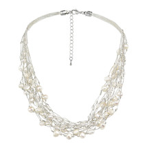 Elegant White Pearls &amp; Crystals on Silk Multi-Layered Statement Necklace - £30.33 GBP