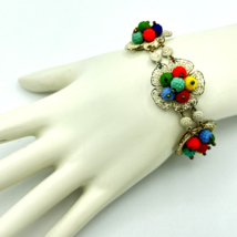 WIRED BEAD vtg flower panel bracelet - 7.25&quot; molded glass enamel brass filigree - £26.28 GBP