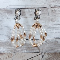 Vintage Clip On Earrings Faux Pearl &amp; Gold Tone Beaded Dangle - £11.76 GBP