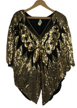 Vintage 1960s Beaded Sequin Butterfly Poncho Top Silk Black Gold Party O... - $130.59