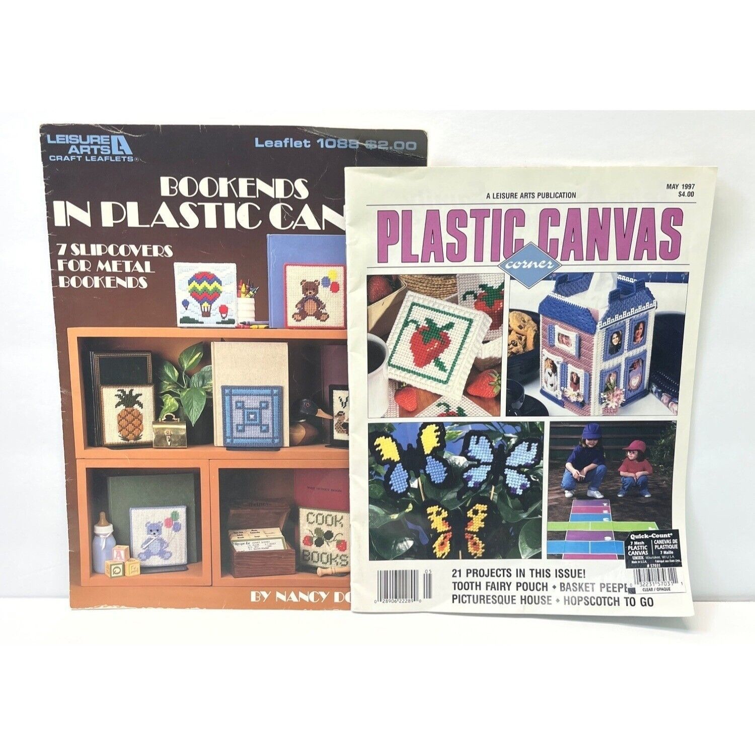 Plastic Canvas Corner Magazine May 1997 and Bookends Leaflet Leisure Arts 1088 - $9.98