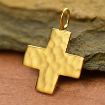 Gold Charm -Small Hammered Cross with 24K Gold Plate 14x10mm - $424.23 MXN