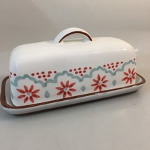 Pier One Red Blue White Stoneware Butter Dish With Cover Lid - £24.62 GBP