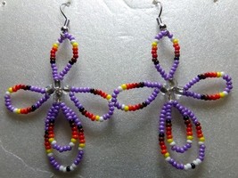 Native American Glass Beaded CROSS Dangle Earrings Hoop PURPLE Seminole FIRE New - £20.14 GBP