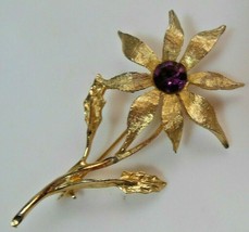 Vintage Signed Dodds Gold-tone Purple Rhinestone Flower Brooch 2.75&quot; long - £22.87 GBP