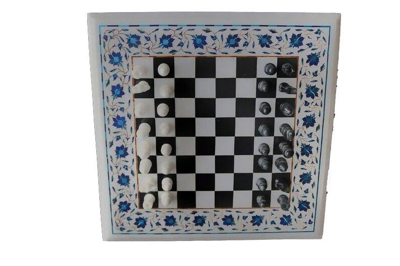 White Marble Chess Set With Chess Pieces Handmade Lapis Stone Marquetry ... - $588.73