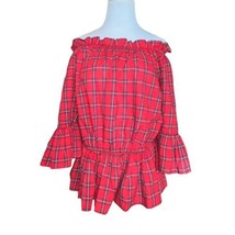 New Look Buffalo Check Plaid Red Off The Shoulder Peplum Women Blouse Si... - $12.15
