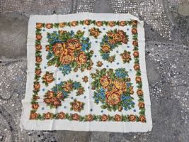 White floral square headscarf, vintage cotton scarf, Eastern European, S... - $25.00