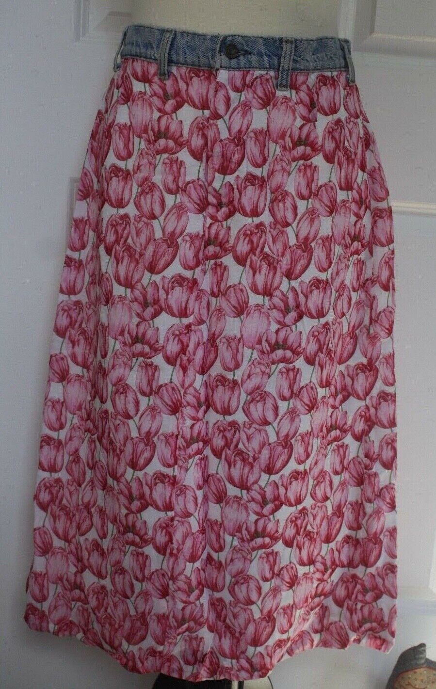 Primary image for Vtg 1990s Maxou A Line Midi Pink Tulip Cotton Skirt M Denim Levi Upcycled