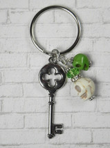 Skeleton Key Skull Crystal Beaded Handmade Keychain Split Key Ring Green New - £11.81 GBP