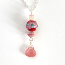 Red Floral Bead Pink Accents Glass Swarovski Crystals Pendant Necklace 16”-18” - £16.04 GBP