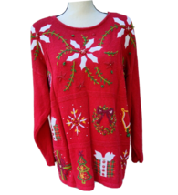 Vintage Kathie Lee Ugly Christmas Sweater Poinsettia Shoulder Pads Women Size XL - £15.45 GBP