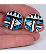 NATIVE AMERICAN Indian EARRINGS CLIPS ON Inlaid Sterling Silver Zuni Ear... - $397.31