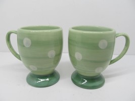 Gail Pittman Provence Set Of 2 White Dots On Green Footed Handled Mugs VGC - $19.00