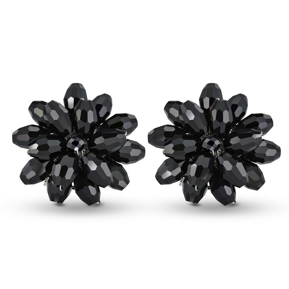 Dazzling Black Chrysanthemum Crystal Clip On Earrings - £13.88 GBP