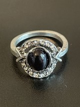 Vintage Black Onyx Stone Rhinestone Silver Plated Woman Ring  - $10.00