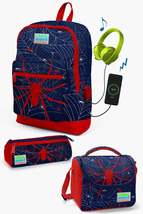Kids Navy Blue Red Spider Patterned USB 3 Pcs School Bag Set SET0123820 - £195.33 GBP