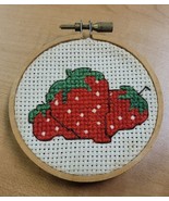 Vintage Small Completed Cross Stitch in 3.25&quot; Hoop STRAWBERRIES Collectible - £3.57 GBP