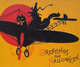 Halloween Postcard Gabriel Witch Pilot Black Cat Flying Plane Airplane Fantasy - £94.42 GBP