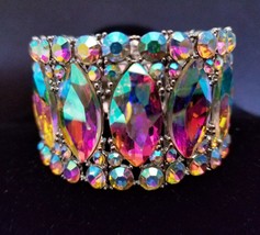 Rhinestone Bracelet Stretch, Silver Tone AB, Crystal Pageant Prom Jewelry, Brida - £43.06 GBP