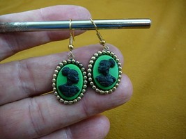 CAE1-45) Rare African American Lady Black + Green Cameo Dangle Earrings Jewelry - $23.36