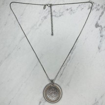 Chico&#39;s Silver Tone Box Chain with Hammered Metal Rhinestone Pendant Necklace - £13.19 GBP