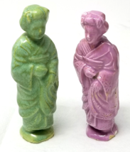 Asian Handmaid Figurines Ceramic Bold Purple Green Ceramic Set of 2 Vintage - £14.91 GBP